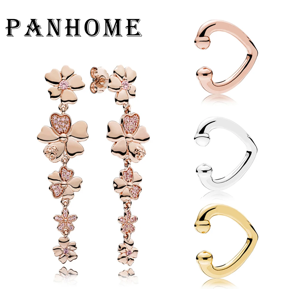 

PANHOME 100% 925 Sterling Silver 287114NPR ROSE WILDFLOWER MEADOW HANGING EARRINGS 267214 Shine OPEN HEART EAR CUFF 297214 28721