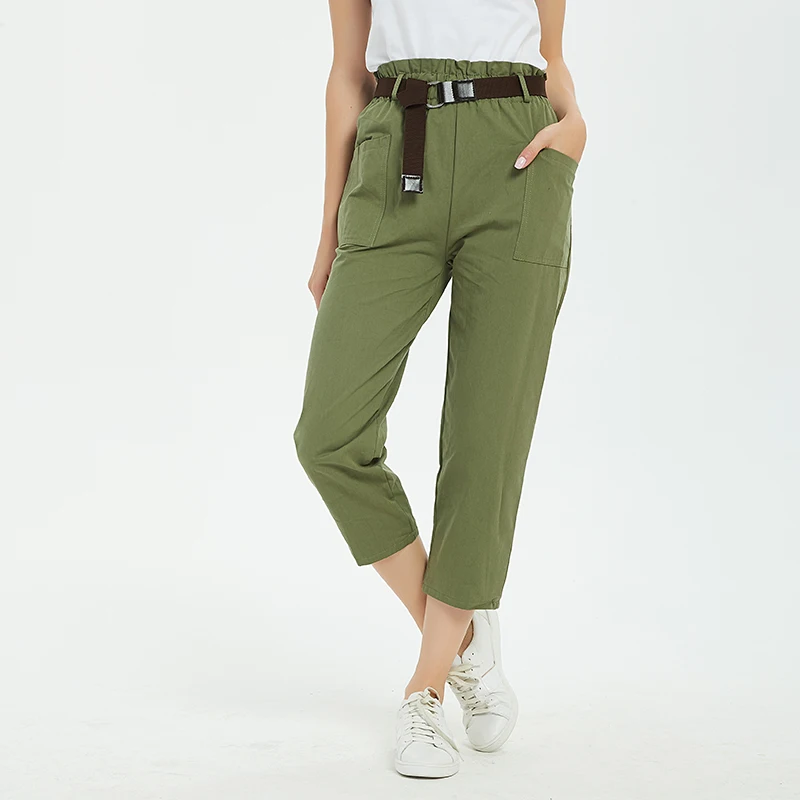 

2019 New Women Summer Cargo Pants High Waist Streetwear Ankle-length Loose Pants with Sashes