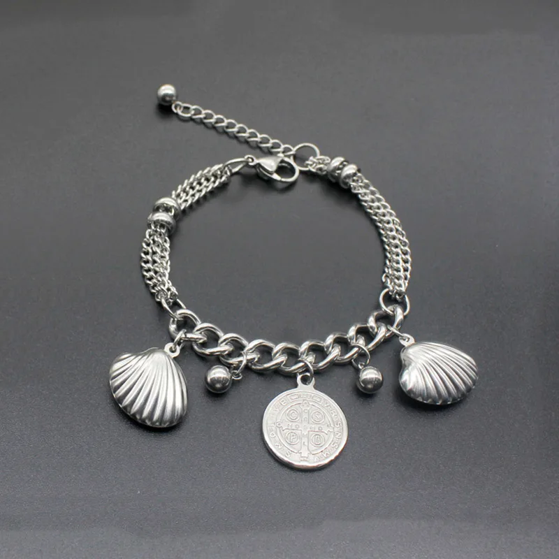 18cm Cross Round Faith Charm Bracelet For Men Curb Cuban Chain Stainless Steel Mens Women Fashion shell shape Jewelry Gift | Украшения и