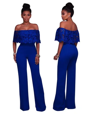 

2017 Fashion Plus Size Loose Jumpsuits Sexy Strapless Lace Long Playsuits Women Party Elegant Overalls Femme