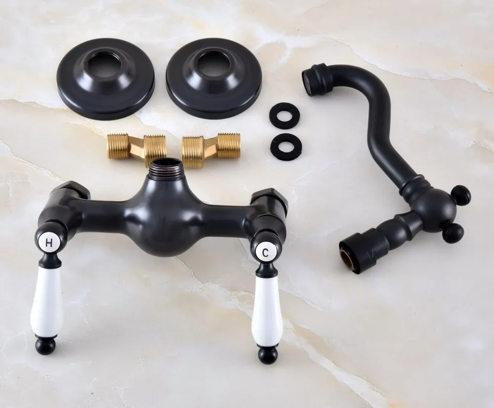 Black Oil Rubbed Bronze Wall Mounted Bathroom Kitchen Sink Faucet Swivel Spout Mixer Tap Dual Ceramics Handles Levers anf868