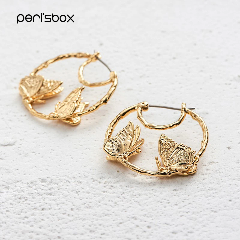 Peri'sbox новые серьги-кольца с бабочкой золотого цвета для женщин, свадебные серьги-люстры, ювелирные изделия, модные серьги в виде животных, обручи