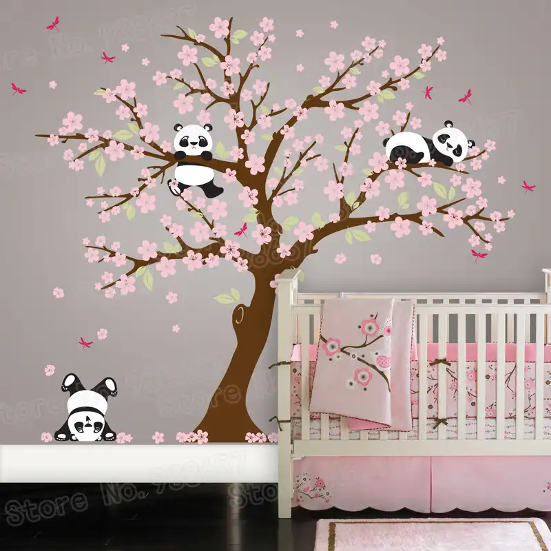 Oso Panda Árbol de flor de cereza calcomanía de pared para guardería