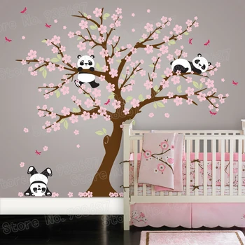 Panda Bear Cherry Blossom Tree Wall Decal For Nursery Vinyl Self
