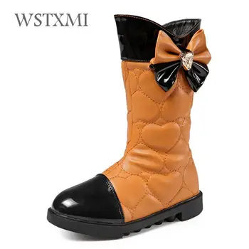 

Winter Girls Princess Boots Fashion Bow-knot White High Children Leather Boots for Waterproof Shoes Plush Warm Snow Boots Kids