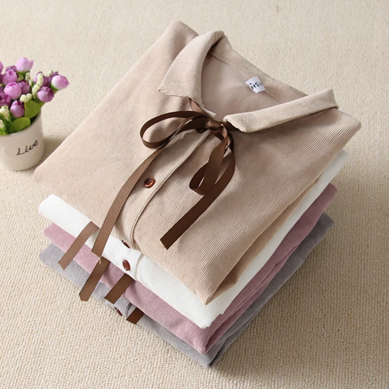 

Japanese Cotton Shirts 2018 New Autumn and Winter Women Long Sleeve Corduroy Tops and Blouses Female Lantern Sleeve Shirt