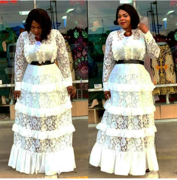 Большой размер стиль классический Африканский женский Дашики Мода Кружева гриб край прострочка длинное платье - Цвет: Белый