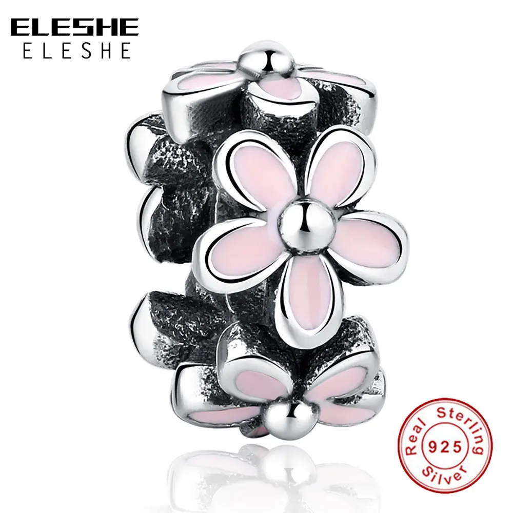 

ELESHE 925 Sterling Silver Pink Enamel Darling Daisy Flower Spacer Bead fit Original Charm Bracelet DIY Jewelry Gift