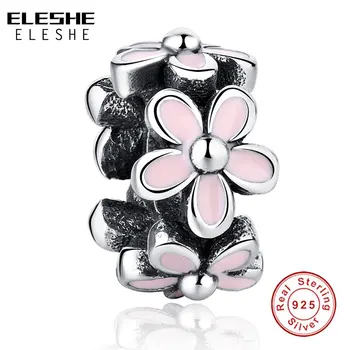 

ELESHE 925 Sterling Silver Pink Enamel Darling Daisy Flower Spacer Bead fit Original Charm Bracelet DIY Jewelry Gift