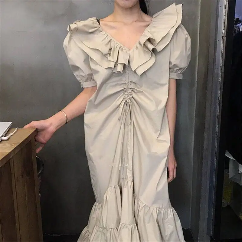 RUGOD новое модное платье-рыбий хвост с двойным воротником в виде листа лотоса летнее платье с v-образным вырезом vestidos verano