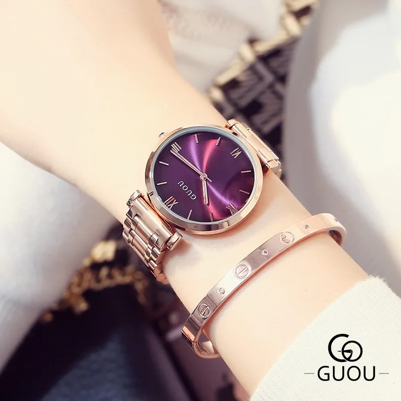 GUOU Роза дизайн часы для женщин Топ люксовый бренд сталь кварцевые часы-браслет Женские Элегантные наручные часы женские