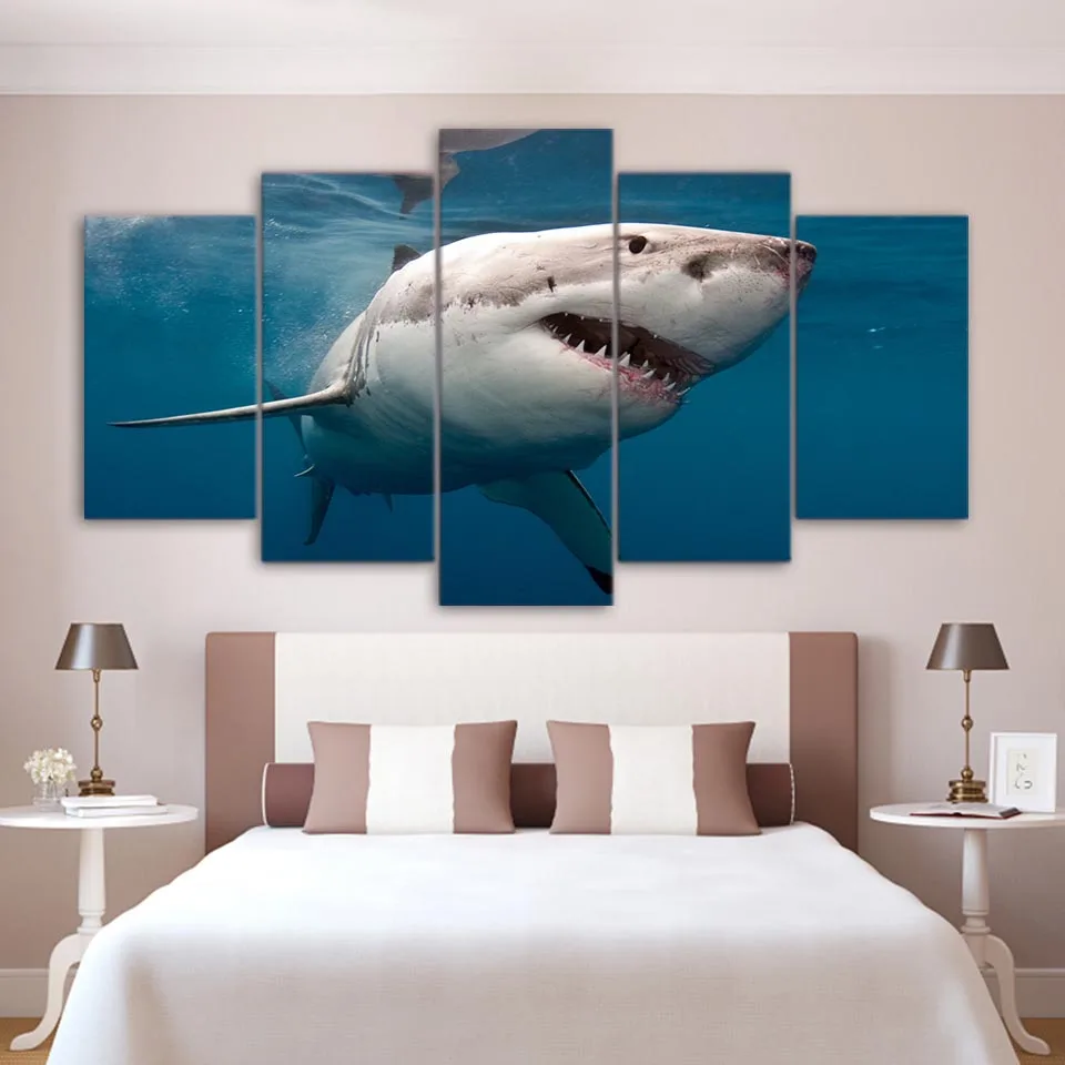 

Framework Wall Art Poster Modern Home Decor 5 Pieces Marine Animals Shark Living Room Canvas Hd Print Painting Modular Pictures