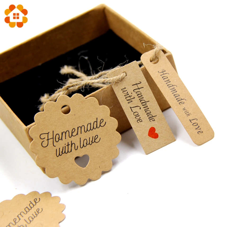 

50PCS Lovely Paper Tags+10Meters Rope Paper Card Tag Labels Handmade with Love DIY Crafts Party Favors Gift Wrapping Supplies