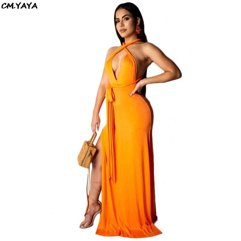 

2019 new women sexy summer halter deep v-neck open back with sashes high side split floor length party long dress 2 color K9328