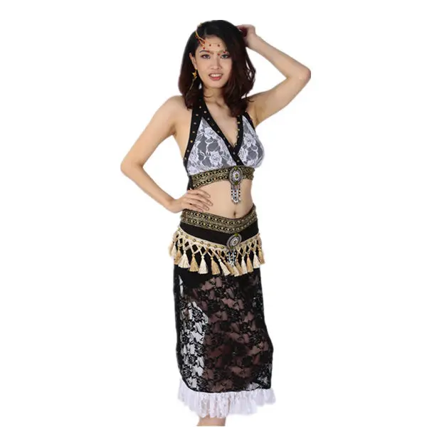 Племенной набор костюма для танца живота 2 шт. комплект бюстгальтер чашки A/B/C/D кружева хип шарф женщин танцевальная одежда плюс размер Племенной костюм - Цвет: White