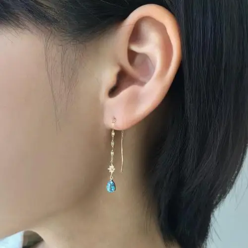 golden water drop blue crystal earring 100% 925 Sterling silver Jewelry fashion Hypoallergenic dangle earrings woman gift