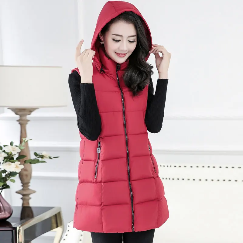 

Plus Size 4XL 5XL Winter Vest Women Warm Long Cotton Vest Coat Female Waistcoat Hooded Winter Jacket Women Colete Feminino C4542