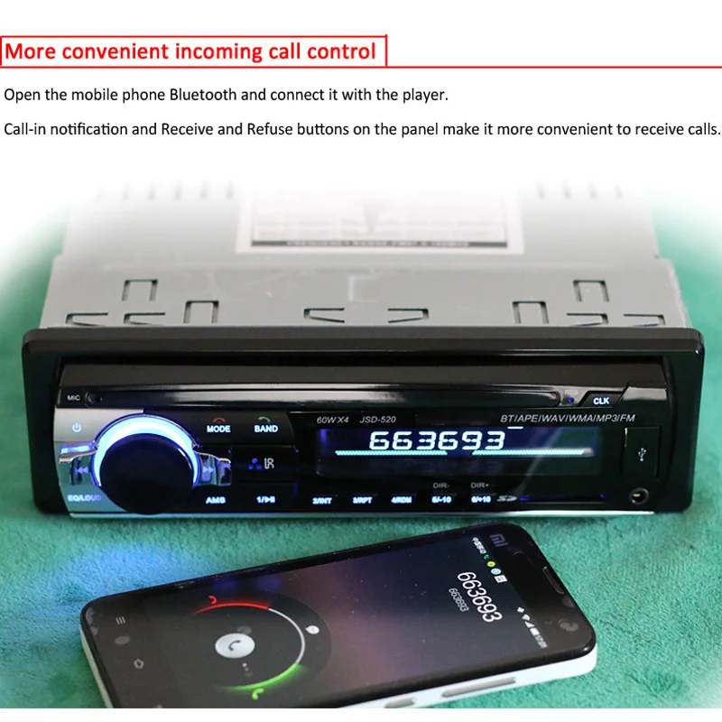 12 V del coche de Bluetooth Radio FM estéreo MP3 de Audio 5V-Charger USB SD AUX Auto electrónica en-Dash Autoradio 1 DIN NO DVD JSD-520