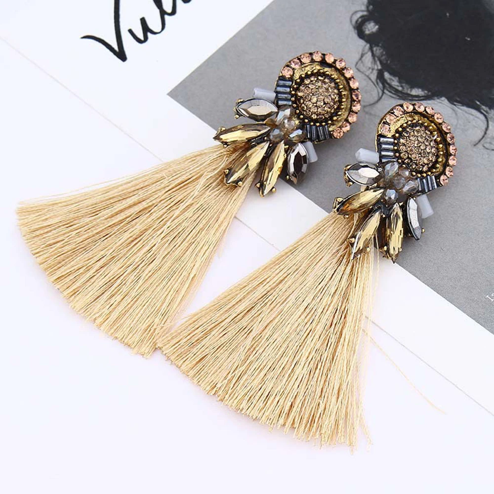 Fashion Crystal Tassel Drop Earrings Boho Fringed Statement Tassel Long