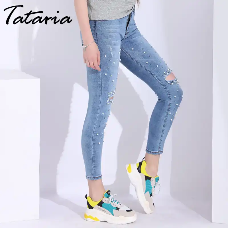 jeans with pearls on bottom