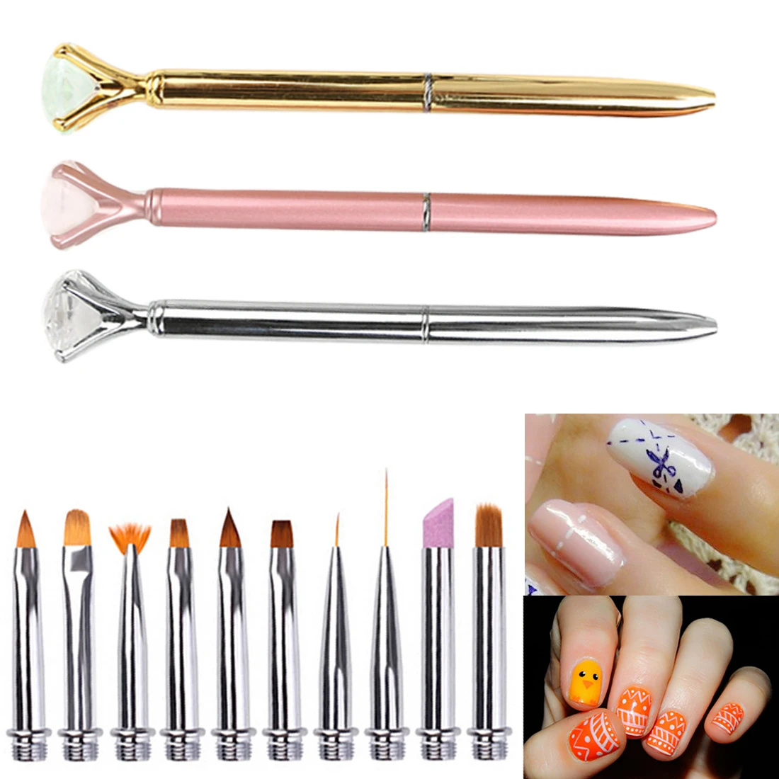 

10pc/Set Crystal Flower Drawing Painting Liner Design Nail Tool Nail Art Pen Brush Replace Head Metal Diamond Cuticle Remover