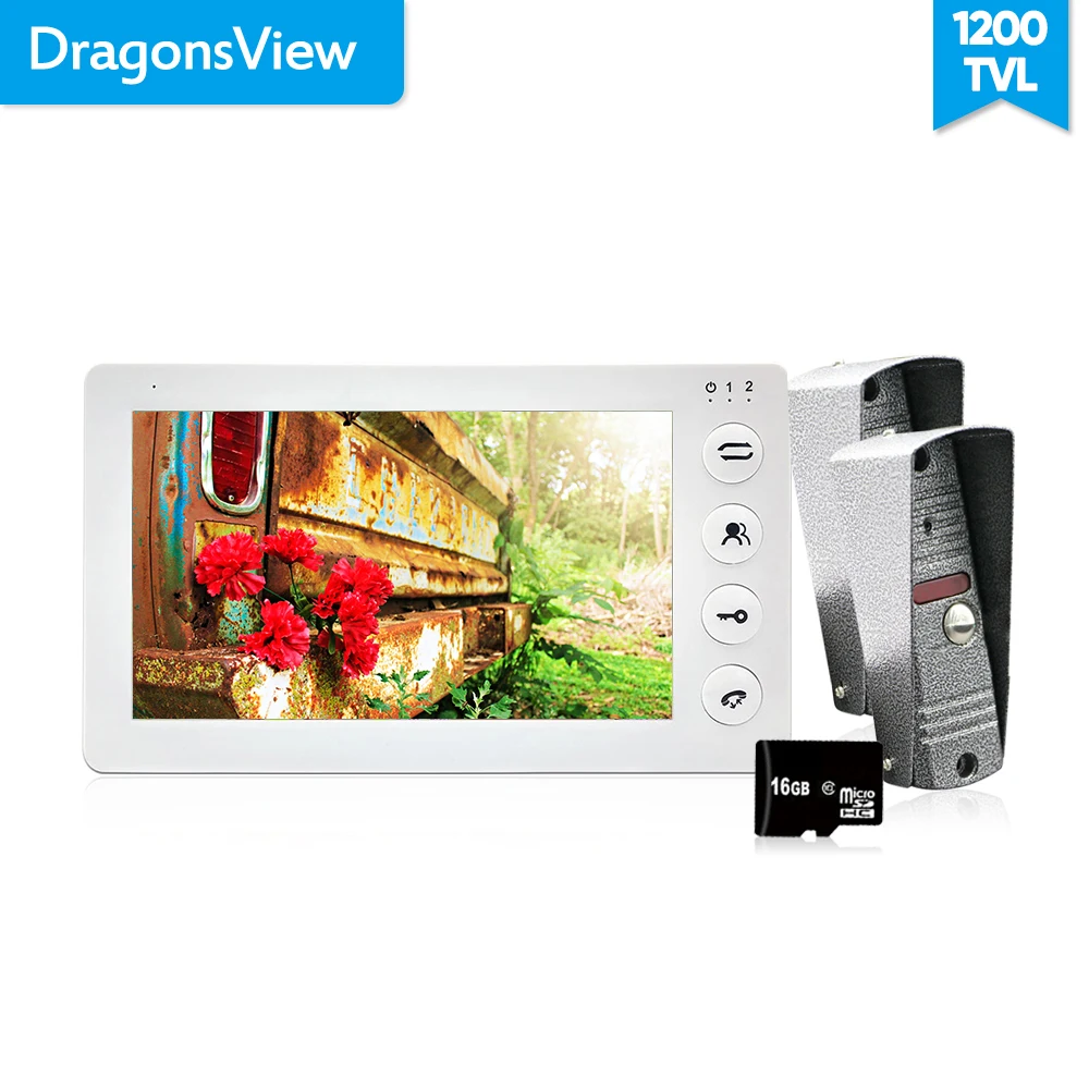 Видеодомофон Dragonsview система безопасности 1200TVL 7 дюймов 2 наружных станции 1 белый