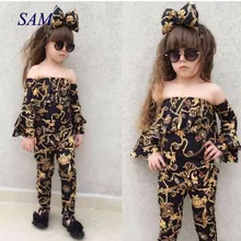 Коллекция года, осенний комплект из 3 предметов для девочек, топ с расклешенными рукавами и воротником с надписью+ штаны с принтом+ повязка на голову с бантом модные комплекты детской одежды