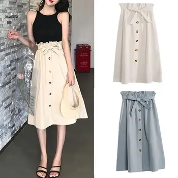 

2020 Women Girls Ruffles High Waist Knee Length Pleated A-Line Skirt Single Breasted Button Up Belted Solid Color Flared Skater