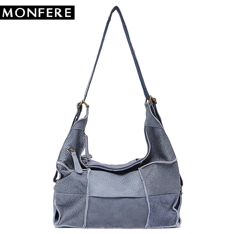 

MONFERE Retro Leather Backpack for Women Large Soft Vintage Genuine Leather School Ladies Shoulder Bag Patchwork Causal Snappack