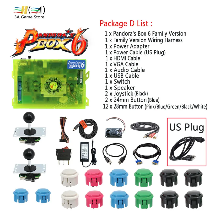 Pandora Box 6 1300 семейная версия материнская плата с управляющими аксессуарами DIY аркадные наборы части джойстик usb Кнопка питания - Цвет: D set - US plug
