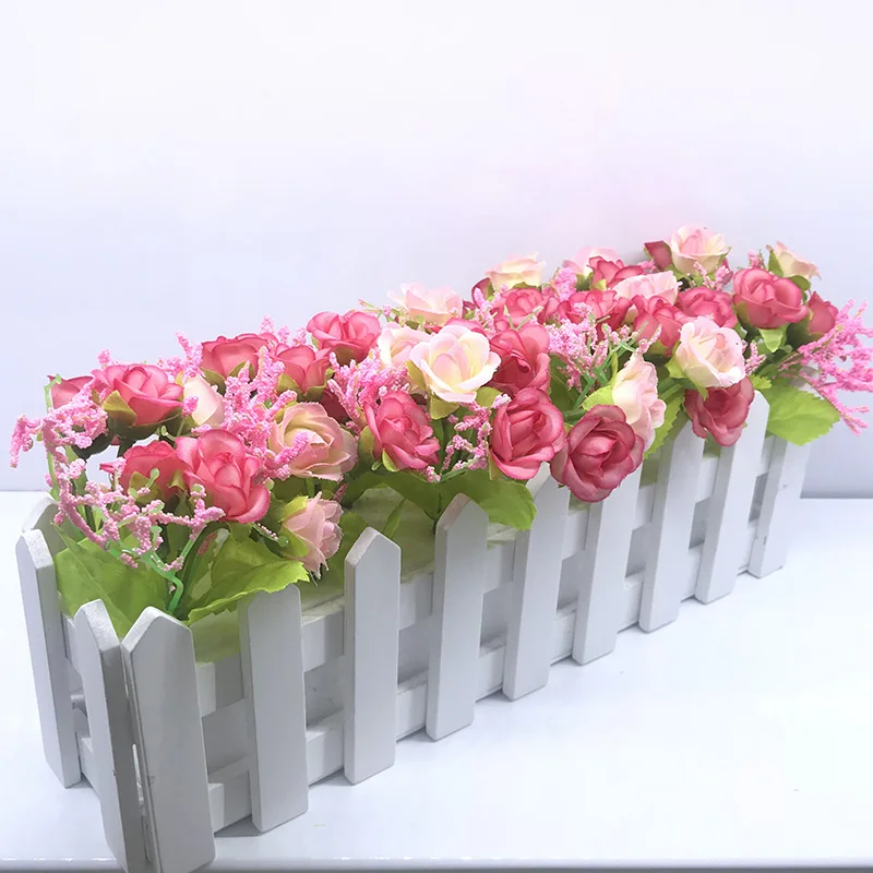

Artificial Potted flower Little Rose Bonsai Wooden Fence Fake Plant With Vase Pot Set 3sets/lot Wedding Home Desktop Decoration
