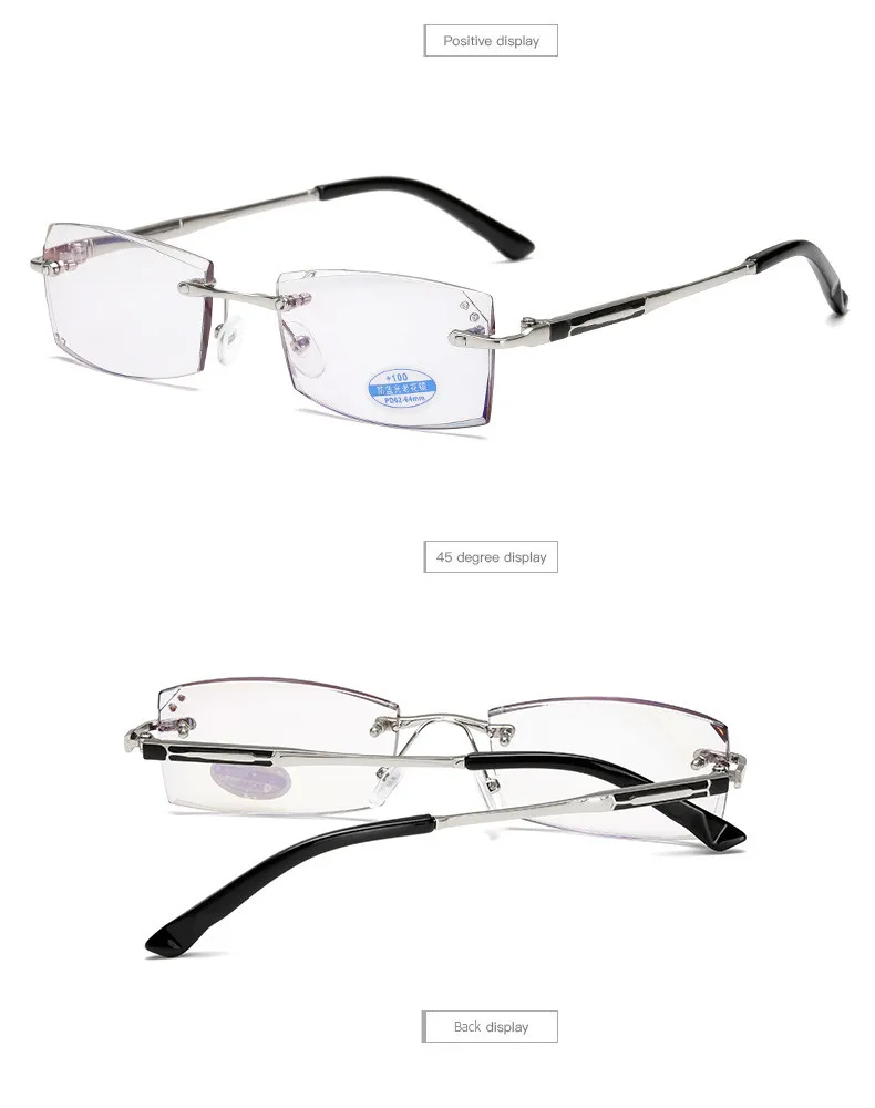 Очки для чтения из серебристого сплава с защитой от синего излучения, женские очки без оправы с бриллиантами, мужские очки с защитой от усталости, дальнозоркости, дальнозоркости, очки для дальнозоркости