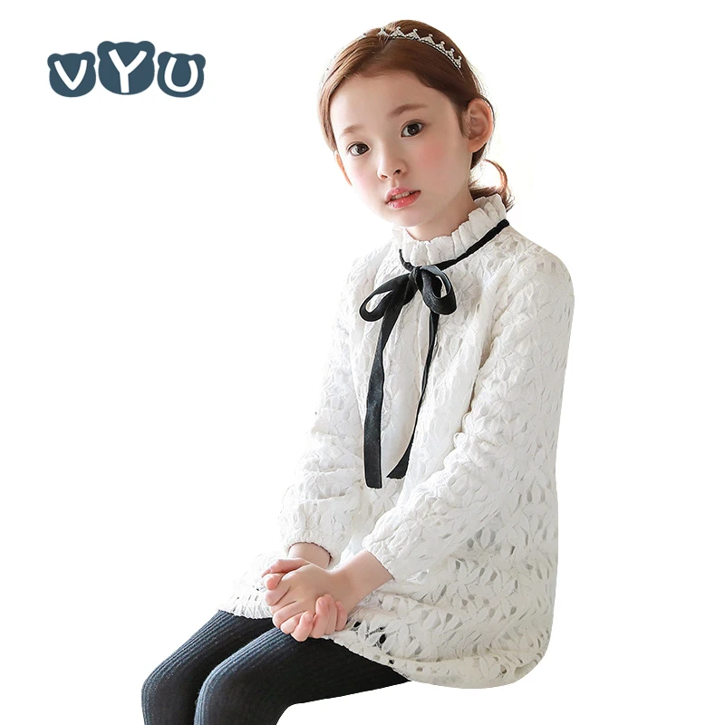 

VYU 4T-14T Big Girls Winter Thick Warm Long-sleeve Bow-tie Lace Princess Dress Autumn Casual Quality Teenger Girl Loose Dress
