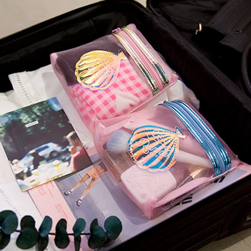 Lanzon Розовая прозрачная сетчатая косметичка для девочек, водонепроницаемая дорожная сумка для хранения, сумки для мытья, голограмма в виде ракушки, органайзер для макияжа, сумка на молнии