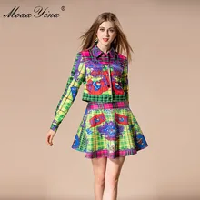 MoaaYina 2018 Fashion Designer Set Autumn Women Turn-down Collar Plaid Floral Print loveliness Elegant Tops+Sexy Mini Skirt Suit