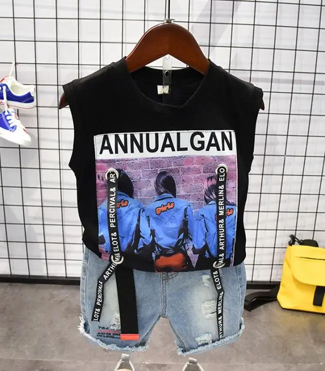 2pcs set Новая летняя футболка в полоску с мультипликационным принтом для маленьких мальчиков+ джинсовые шорты, одежда, комплекты из 2 предметов, детская джинсовая одежда с дырками для 2-6 лет - Цвет: 2pcs set