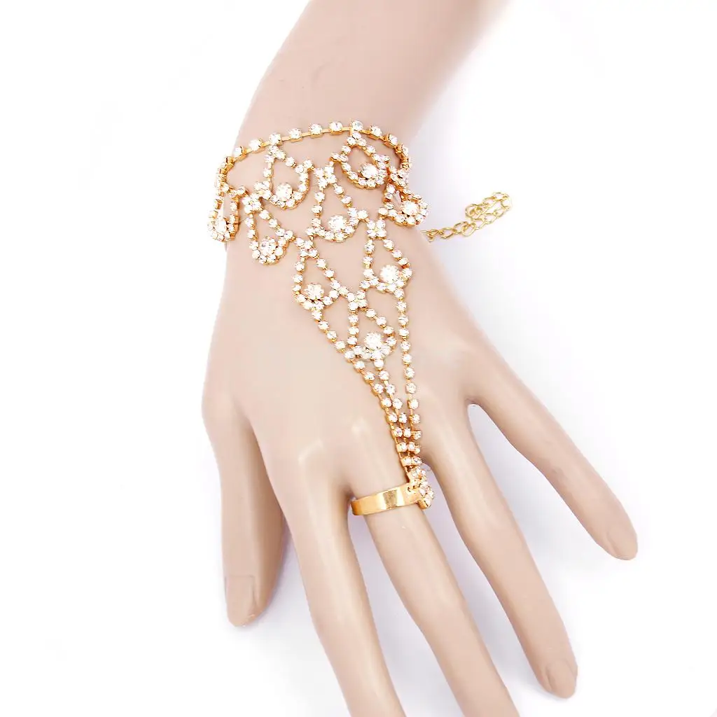 New Bridal Wedding Gold Crystal Water Drop Harness Slave Bracelet