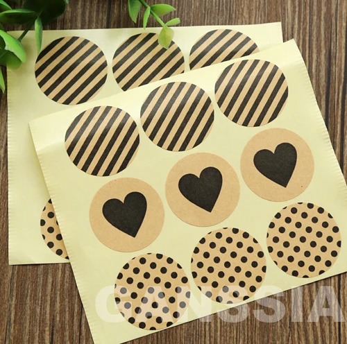 

100pcs/lot Kraft Round Gift Seal Stickers /Striation/Peach heart/Spots handmade Packing Products 38mm(ss-a1005)
