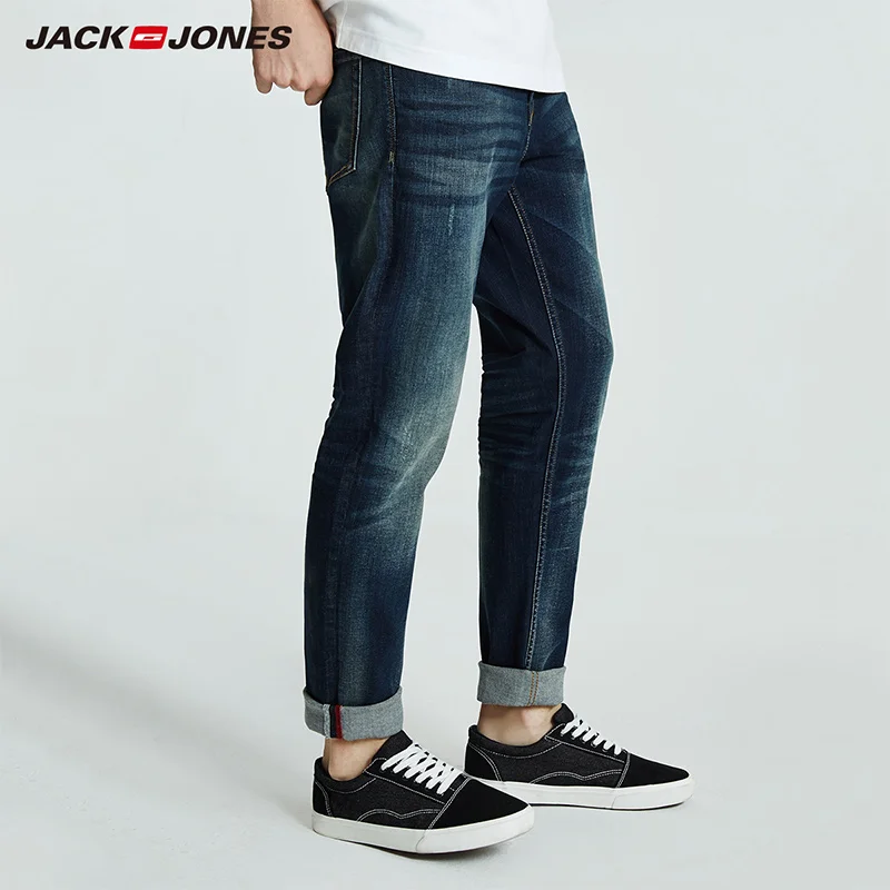 Jack Jones мужские хлопковые однотонные прямые байкерские джинсы мужские потертые джинсы мужские | 218332558 - Цвет: DENIM BLUE