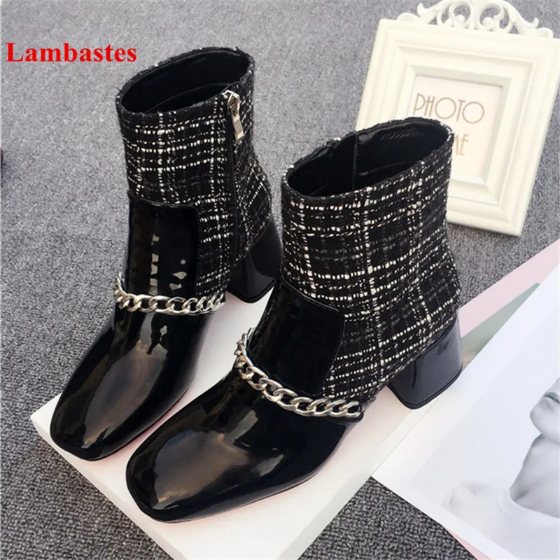 

2018 Hot Sale Spring Women Boots Wine Square Toe Mixed Color Patent Leather Botas Chain Metal Decoration Women Martin Boots