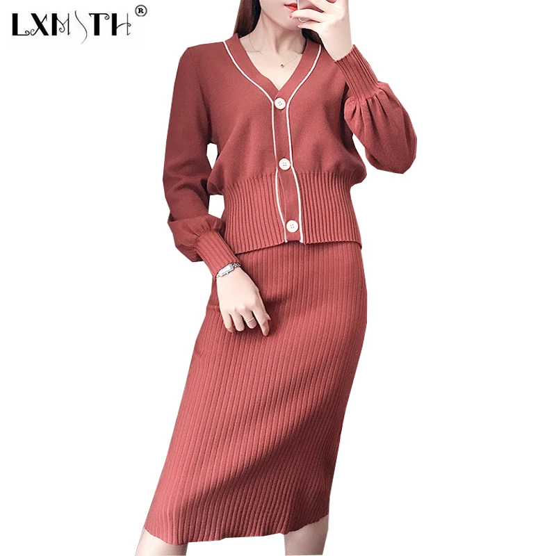 2018 г. новая весенняя женская юбка костюм набор вязание 2 шт. кардиган + юбка однобортный взлетно-посадочной полосы, Костюмы трикотажные