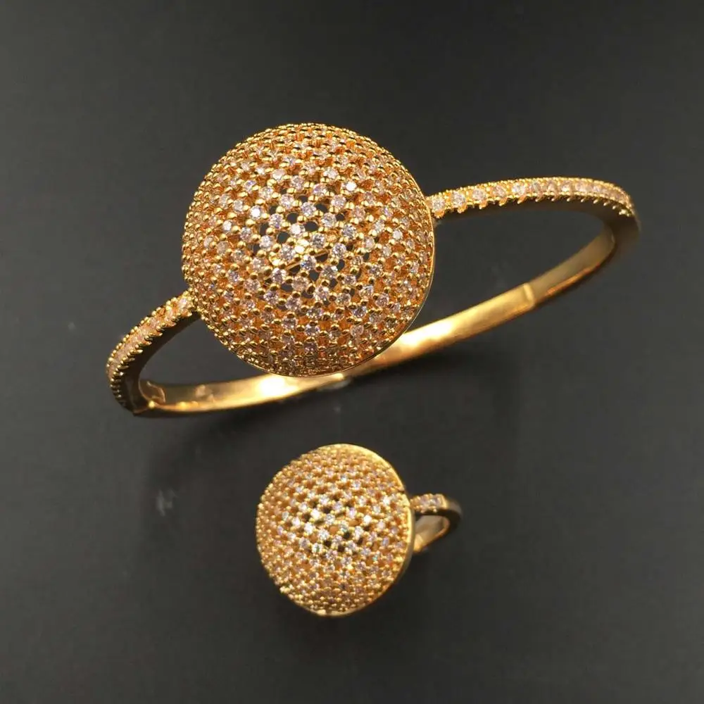HADIYANA браслет и кольцо в форме шара 2 шт. ювелирный набор AAA кубический цирконий Дубай роскошный браслет набор для женщин Свадебная вечеринка SZ095 - Окраска металла: Yellow gold plating
