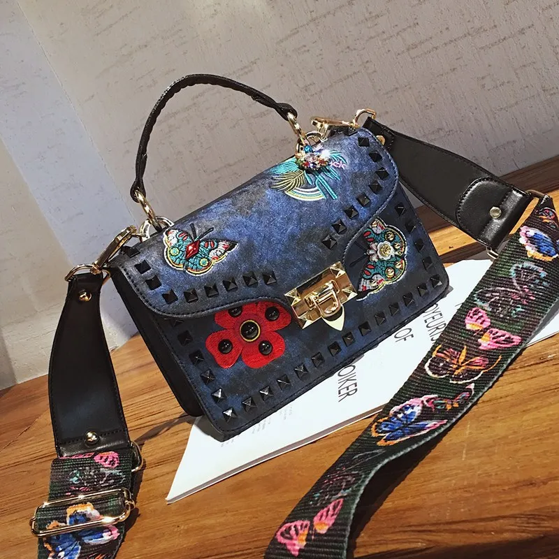 

Brand Embroidered Rivet Women Bag Handbag Butterfly Pattern Wide Shoulder Strap Soft Shoulder Bag Pu Leather Small Tote Bag