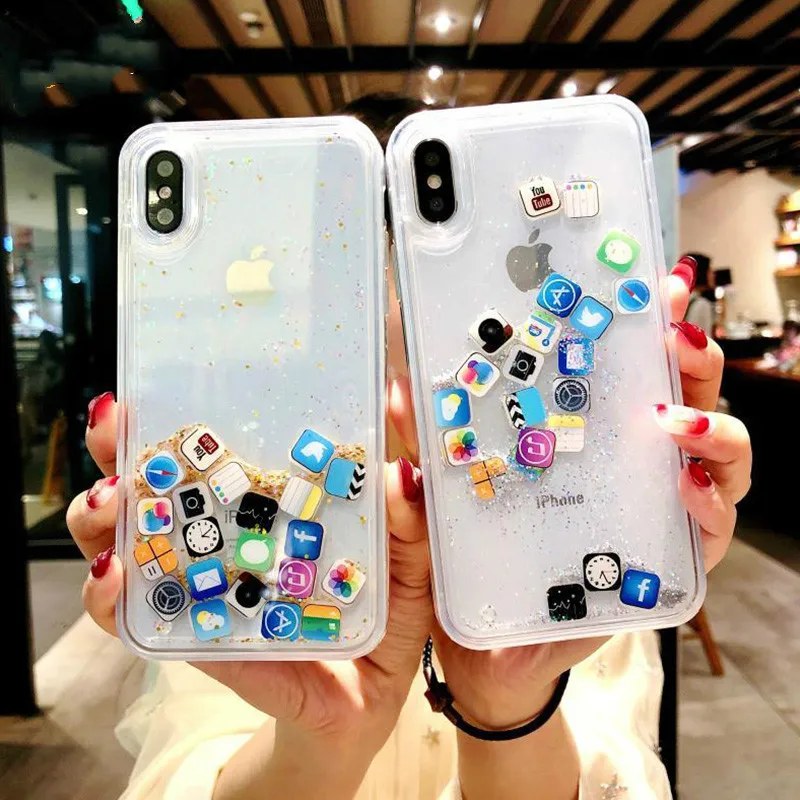 

Quicksand Hard PC Clear Case For iPhone X XS MAX XR Dynamic Liquid Case for iPhone 7 8 6 plus Cover Cute APPS ICON Case