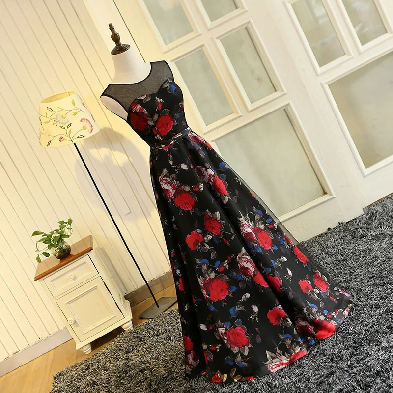 JaneVini Цветочный принт Длинные платья выпускного вечера Черный Тюль Красные цветы узор платья невесты Девушка Вечерние Свадебная вечеринка платья