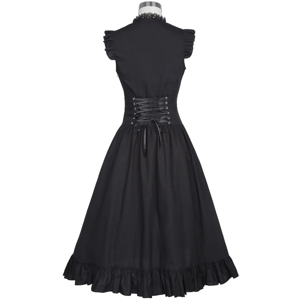 Retro Vintage Black Punk Gothic Sleeveless V-neck Lace-up Corset Ruffle Dress