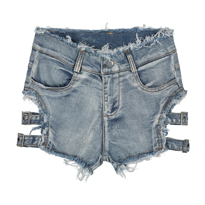 Women Low Rise Vintage Mini Jeans Shorts Both Side Buckle Mini Sexy