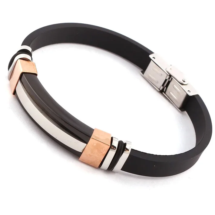 Mens Black Silicone Bracelets Rose Gold Plated Stainless Steel Mens Black Silicone Bracelets Rose Gold Plated Stainless Steel Rubber Bracelet For Men Wristband Fashion Cool Simple In Charm From