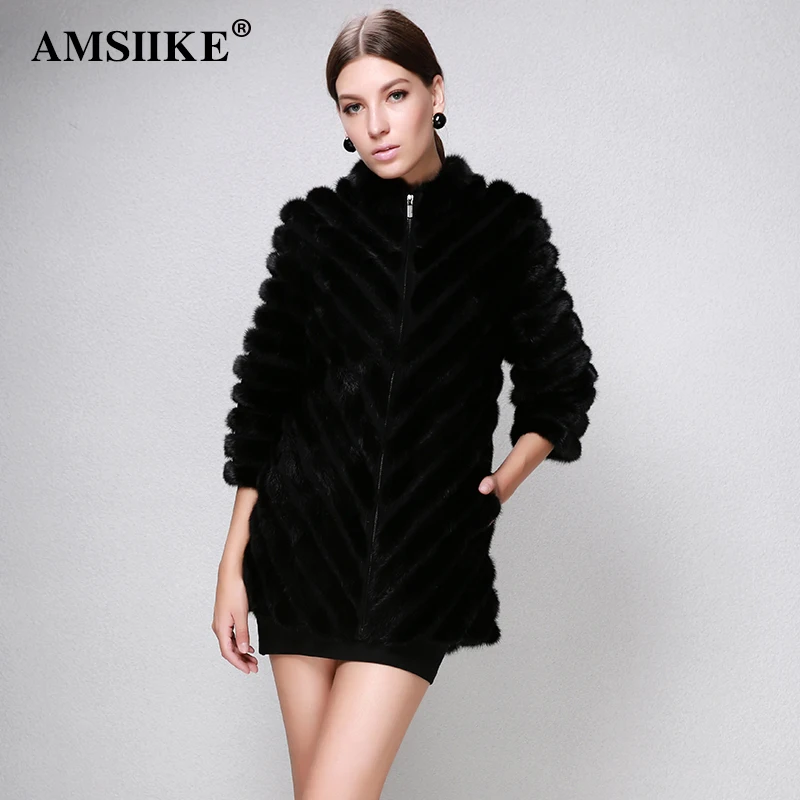 

AMSIIKE Women Coat Natural Mink Fur Coat 2019 Winter Dismountable Sleeve Medium Black Slim Fashion Genuine Mink Fur Coats DW022