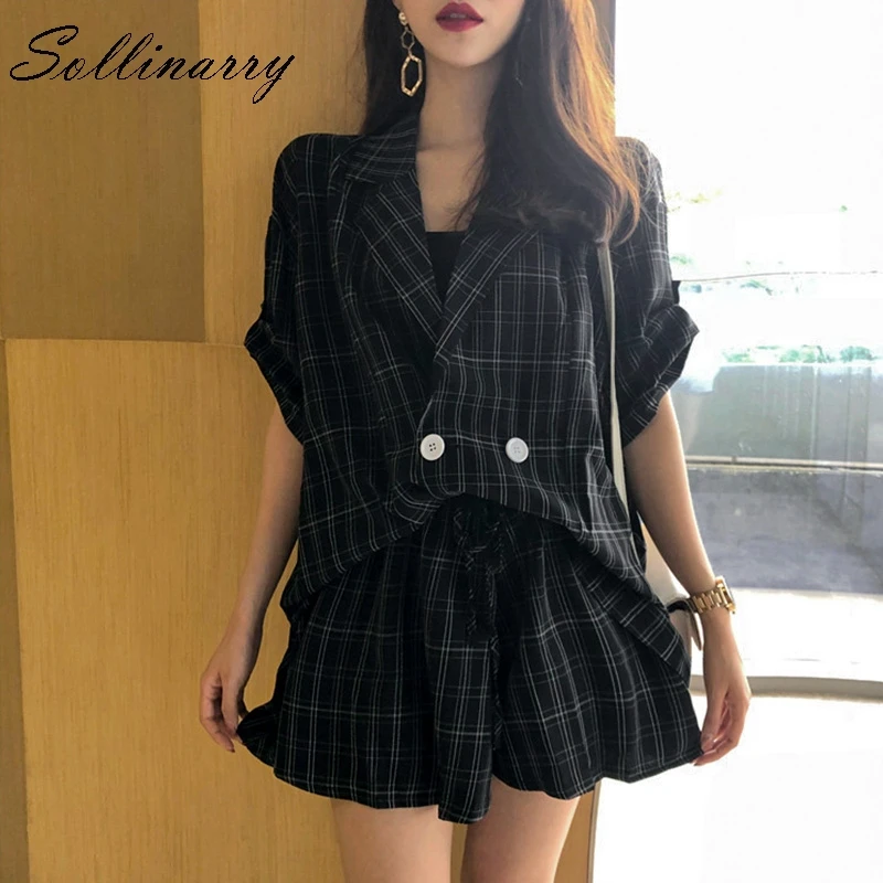 Sollinarry فضفاض قصيرة السترة الدعاوى النساء سترة معطف مجموعات 2019 جديد أزياء OL قصيرة الأكمام عارضة الدعاوى منقوشة الرجعية مجموعات femal